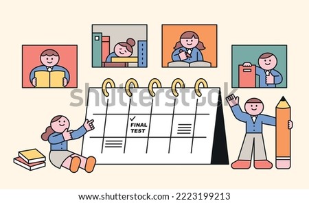 Cute character students are studying. Two students are taking notes next to a large calendar. outline simple vector illustration.