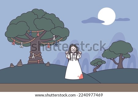 A night with a white moon. A ghost wearing a white hanbok stands in the mountain with a wooden shrine.