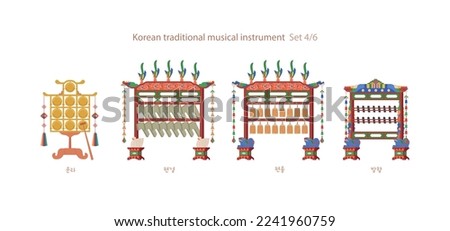 A collection of traditional Korean musical instruments. Korean translation: Instrument names Unra, Pyeongyeong, Pyeonjong, Banghyang