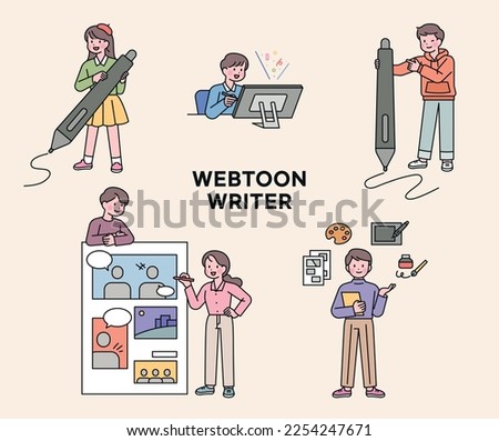 Webtoon cartoonists. People holding big digital pens. Comic book page and author explaining. A tool for drawing cartoons.
