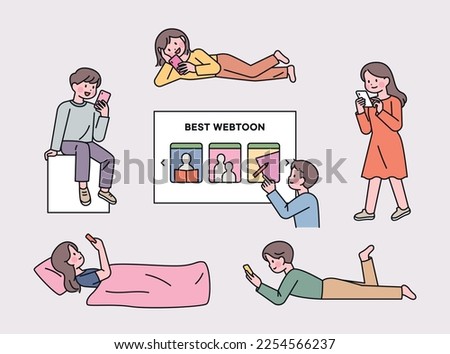 People who read webtoons on mobile. People standing, walking, lying down, lying down, sitting and looking at their phones.