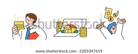 Finance and people, accounts for household economic growth, investment plan management. Passbook, real estate, assets, hurray. Vector illustration.