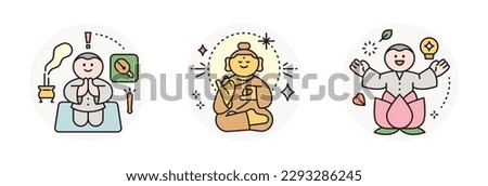 Buddha’s Birthday. Praying monk, golden Buddha statue, lotus flower and monk.