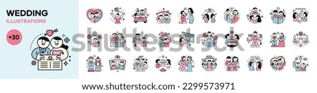 wedding.  Cute groom and bride character concept collection mega set. Vector illustration with outlines.