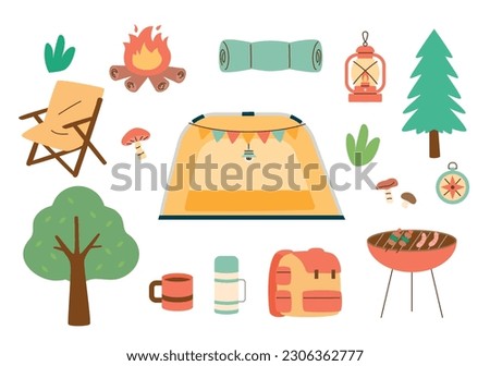 A collection of camping equipment. Simple flat style vector illustration.