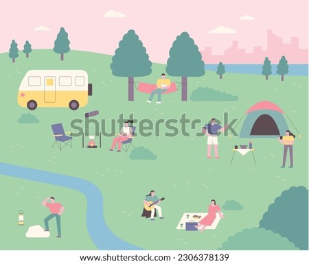 Many people enjoy camping in the large park. Camper, tent, barbecue, picnic.
