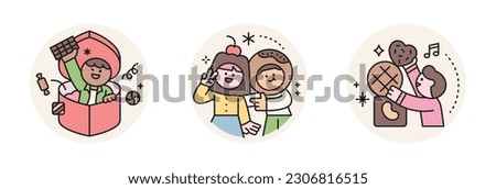 World Chocolate Day. Cute characters and sweet chocolate. gift box, couple photo, cookies