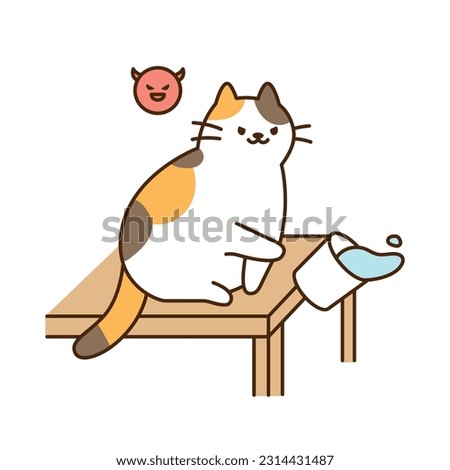 Cute cat. A tricolor cat is kicking a water cup on the table and knocking it off.