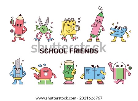 Cute school supplies characters. Pencils, scissors, notebooks, cutter knives, glue sticks, and erasers have various actions and expressions.