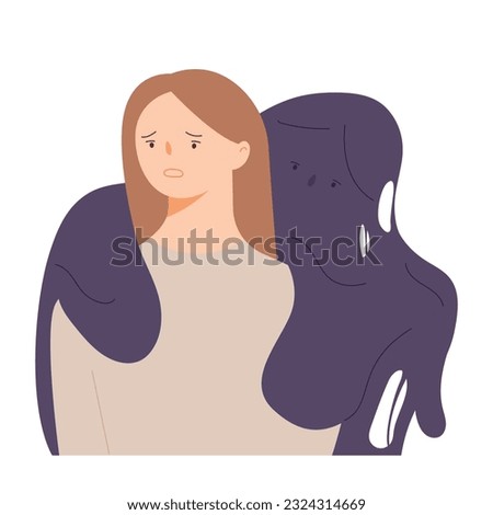 A heavy weight hangs over a woman's shoulder. simple vector illustration.
