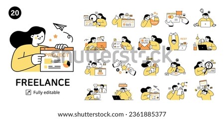 Collection of business freelance characters set. outline simple vector illustration.