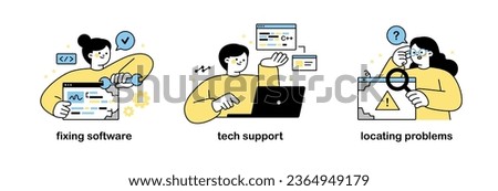 Software developer designer. Fixing software errors, tech support. outline simple vector illustration.