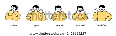 Boy upper body character expressing 5 different emotions - Set 1. Simple outline vector illustration.