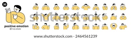 A set of 30 male characters expressing positive emotions. Simple illustration with outlines.