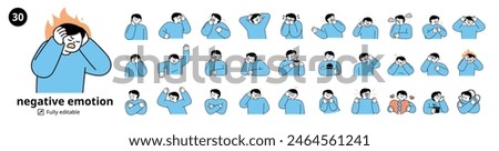 A set of 30 male characters expressing negative emotions. Simple illustration with outlines.