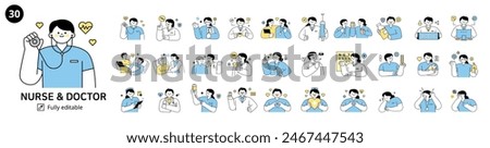 A collection of various medical worker characters. Hospital departments and emotional expressions. simple outline vector illustration.