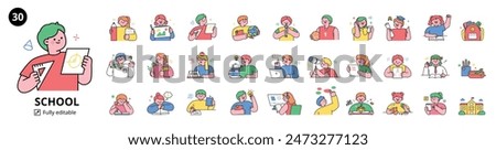 Set of students in school receiving different education. Upper body characters of cute children of elementary school age. outline style illustration.