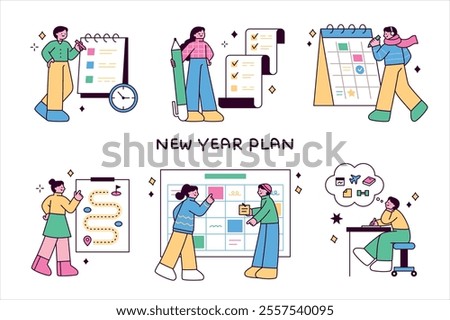 People are making New Year's resolutions in large notebooks, diaries, and calendars. outline simple vector illustration.