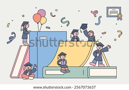 In a space filled with huge piles of books, small and cute graduating characters are congratulating each other. Cuttiny character with outline.