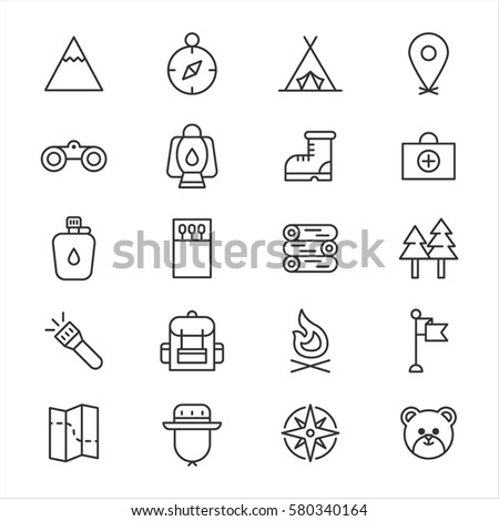 camping object tools line icons vector illustration flat design