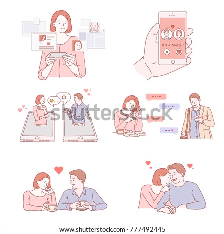 Couple characters dating on smart phones hand drawn style vector doodle design illustrations.