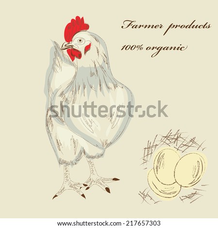 hen egg, organic food products cock animal bird sketch hand-drawing retro Granger