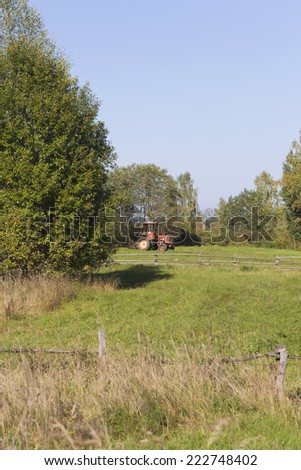 tractor old field trees village retro agriculture