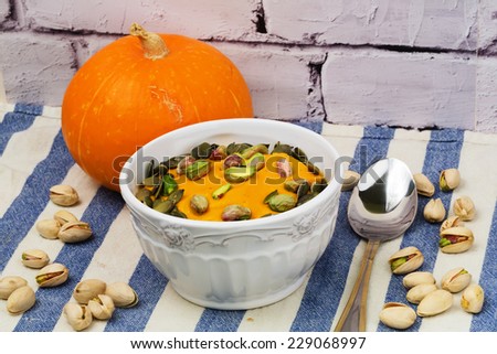 Pumpkin cream-soup of pistachio seeds food diet health benefits