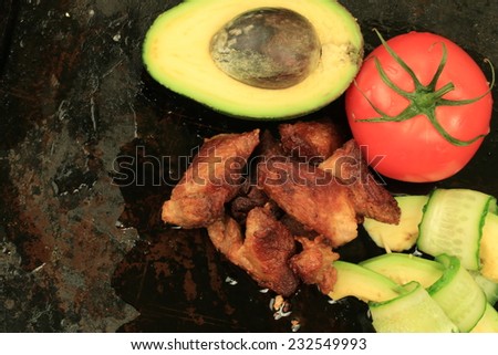 grilled roasted meat avocado cucumber tomato homemade food soft selective focus