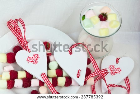 marshmallow dessert with raspberries heart Love Valentines morning breakfast abstract soft selective focus toned photo