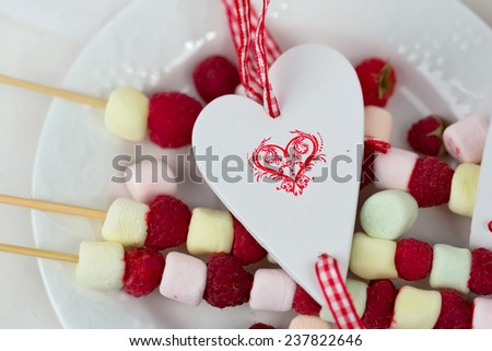 marshmallow dessert with raspberries heart Love Valentines morning breakfast abstract soft selective focus toned photo