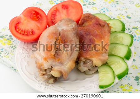 fried chicken dinner lunch tomato cucumber white background organic eco healthy life diet