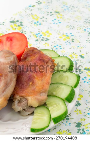 fried chicken dinner lunch tomato cucumber white background organic eco healthy life diet home cooking