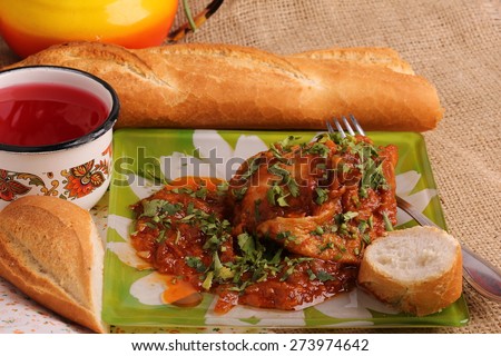 chakhokhbili braised chicken in tomato sauce with onions white French baguette bread compote juice diet vitamin breakfast lunch dinner health home kitchen organic eco low weight
