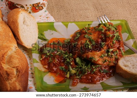 chakhokhbili braised chicken in tomato sauce with onions white French baguette bread compote juice diet vitamin breakfast lunch dinner health home kitchen organic eco low weight
