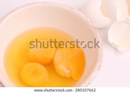 broken egg shells in a bowl on a white background selective soft focus