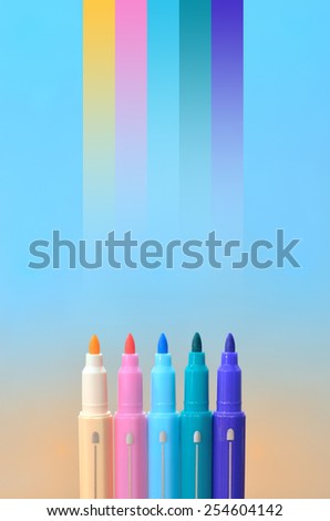 five colors marker pens with gradient lines on gradient background