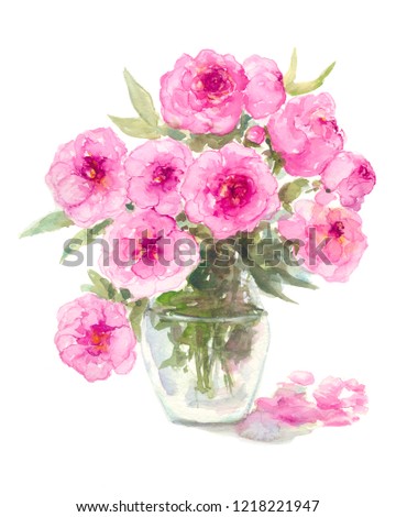 Watercolor Pink Flowers of Rose or Peonies in Vase Hand Painted on Isolated White background illustration for cards, posters, wall art