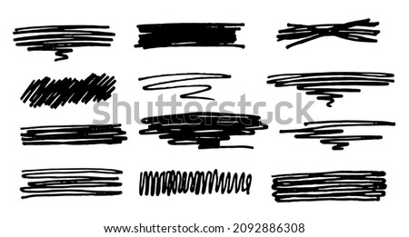 Set of hand drawn lines. Doodle design. Scribble with a pen, stripes with a pencil. Black abstract elements for design. Stock vector isolated on white background.