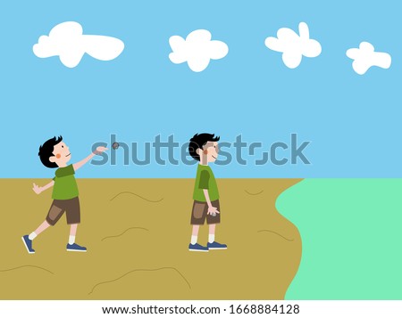 Vector Illustration of a Throwing Boy, Sea Background