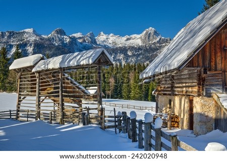 Hayrack and barn in the Alpine meadow in Winter