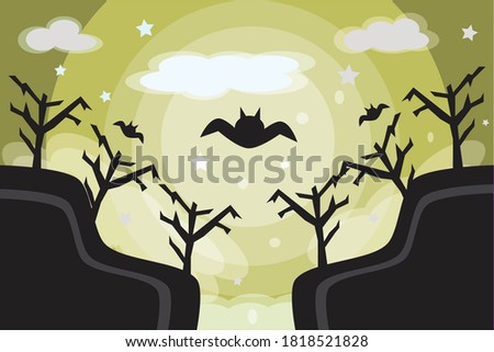 Halloween fullmoon background witth cloud and silhouette bad dry tree cliffs yellow background