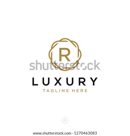 Luxurious minimalist elegant sophisticated Initial R letters geometric rounded hexagonal badge logo design vector with line art style in gold colors for hotel, boutique, jewelry, restaurant or company