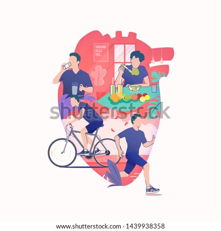 flat illustration of man drinking water, man rides a bike, man jogging and man eat healthy food like a fruit in silhouette of heart, healthy lifestyle for healthy heart, world heart day vector 商業照片 © 