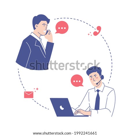 Flat illustration of two man make communication online. Man wear suit hold phone. Man wear headphone and laptop. Telecommunication concept vector isolated white background. Stay distance keep healthy