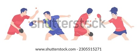 Set of people performing table tennis sports. Bundle of training ping pong men and women isolated on white background. Flat cartoon vector illustration.