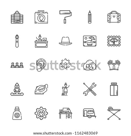 Collection of 25 work outline icons include icons such as settings, receptionist, suitcase, iron, ironing board, maid, brush, pencil, lift, gloves, office, paint roller