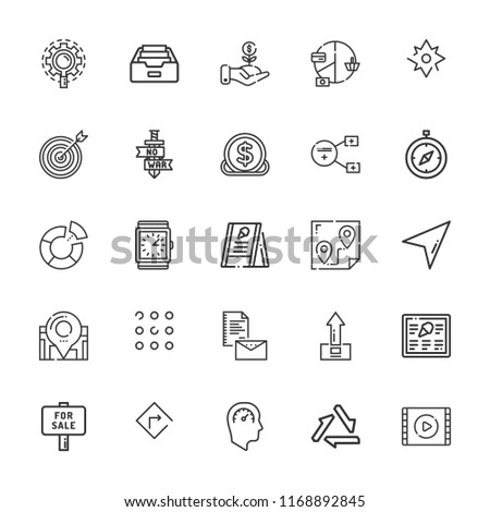 Collection of 25 arrow outline icons include icons such as investment, watch, recycling, compass, inbox, video player, sword, speedometer, for sale, apps, turn right, target