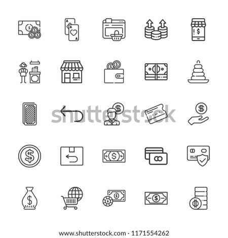 Collection of 25 payment outline icons include icons such as coin, money, cards, credit card, online shopping, return, cashier, key card, online shop, cash, wallet, shop
