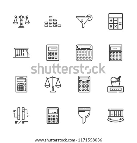 Collection of 16 balance outline icons include icons such as calculator, balance, equalizer, filter, ph, newtons cradle, cradle, calculating